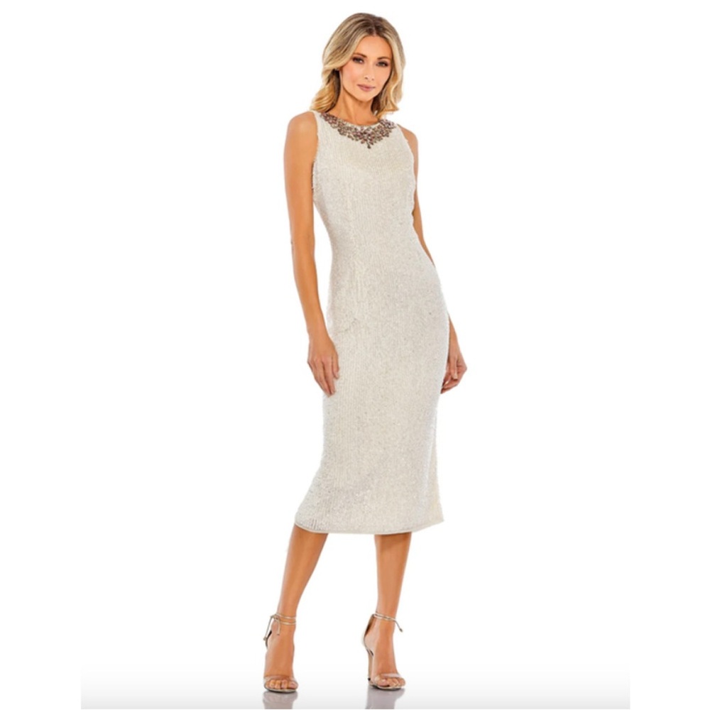 MAC DUGGAL  Sequin Cream Jeweled Neckline Midi Dress 93607 Size 6 NWT